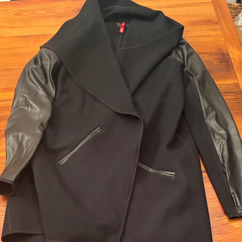 SPANX Black Jacket with Faux Leather Sleeves